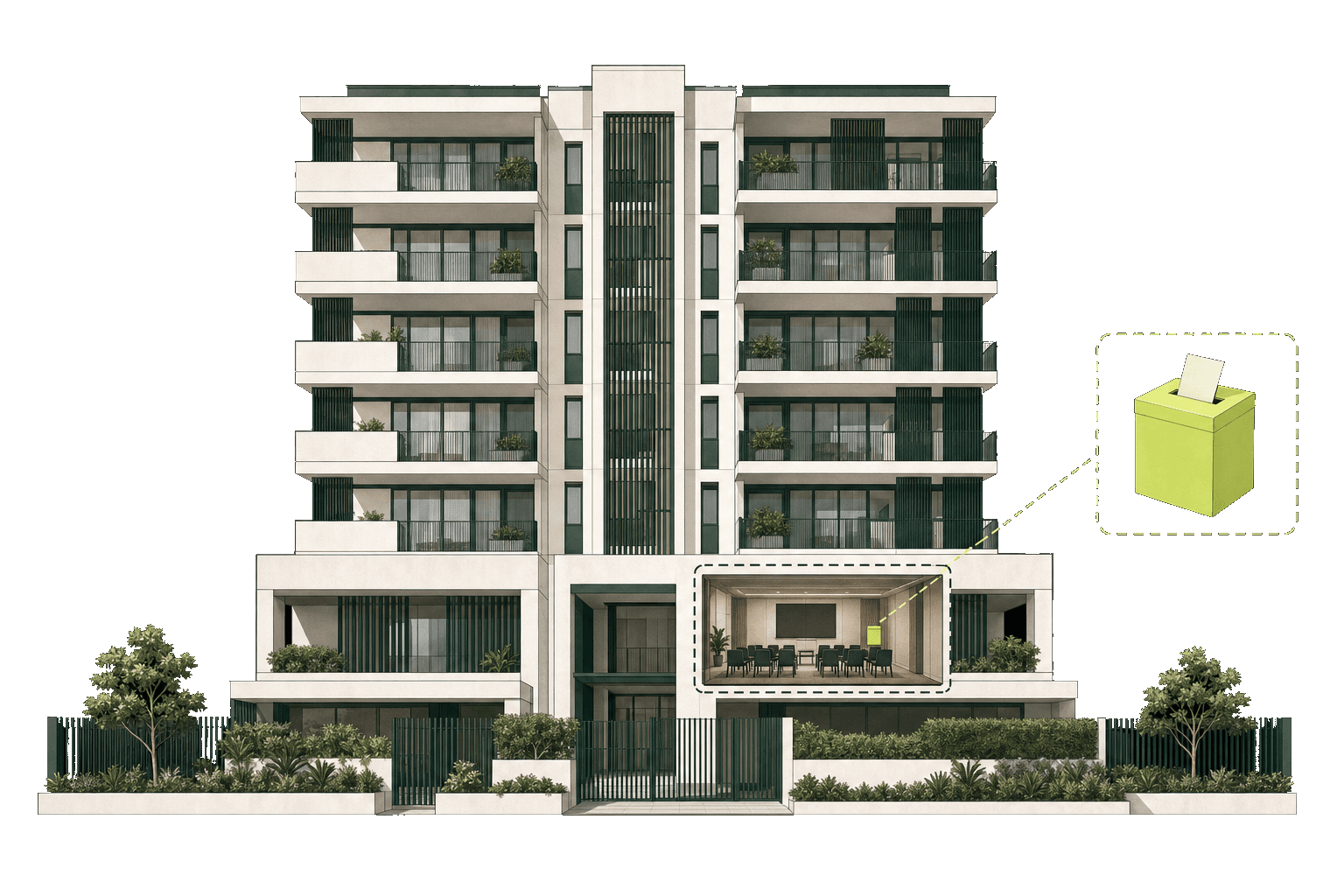 Strata building with a meeting-room cutaway and lime ballot box
